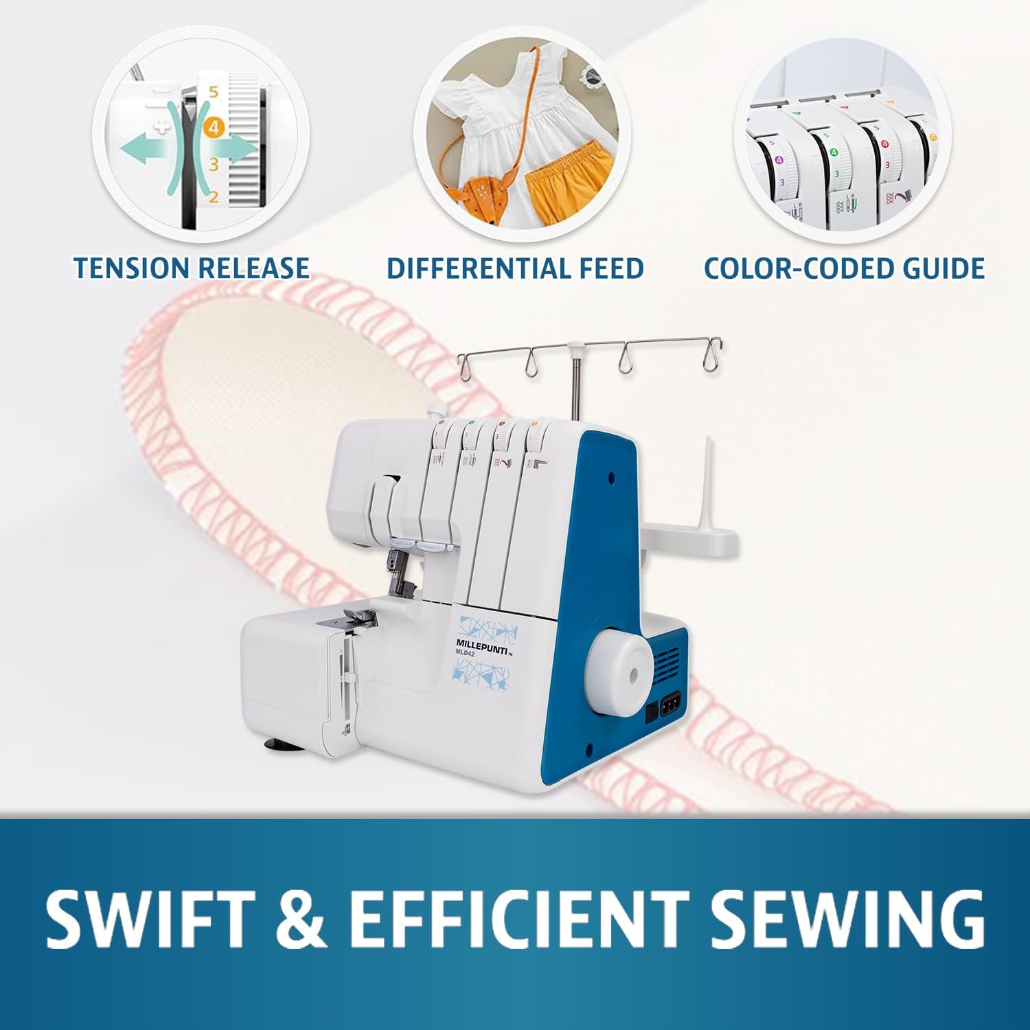 MILLEPUNTI MLD42 Heavy Duty Overlock Serger Machine – 1300 SPM High Speed, 2-3-4 Thread Capability with Metal Frame, Differential Feed & Accessories