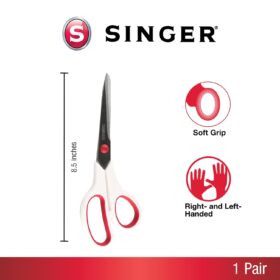 SINGER 8.5-inch Fabric Scissors with Comfort Grip – Stainless Steel Dressmaker Shears for Sewing, Quilting, and Crafts – Red & White