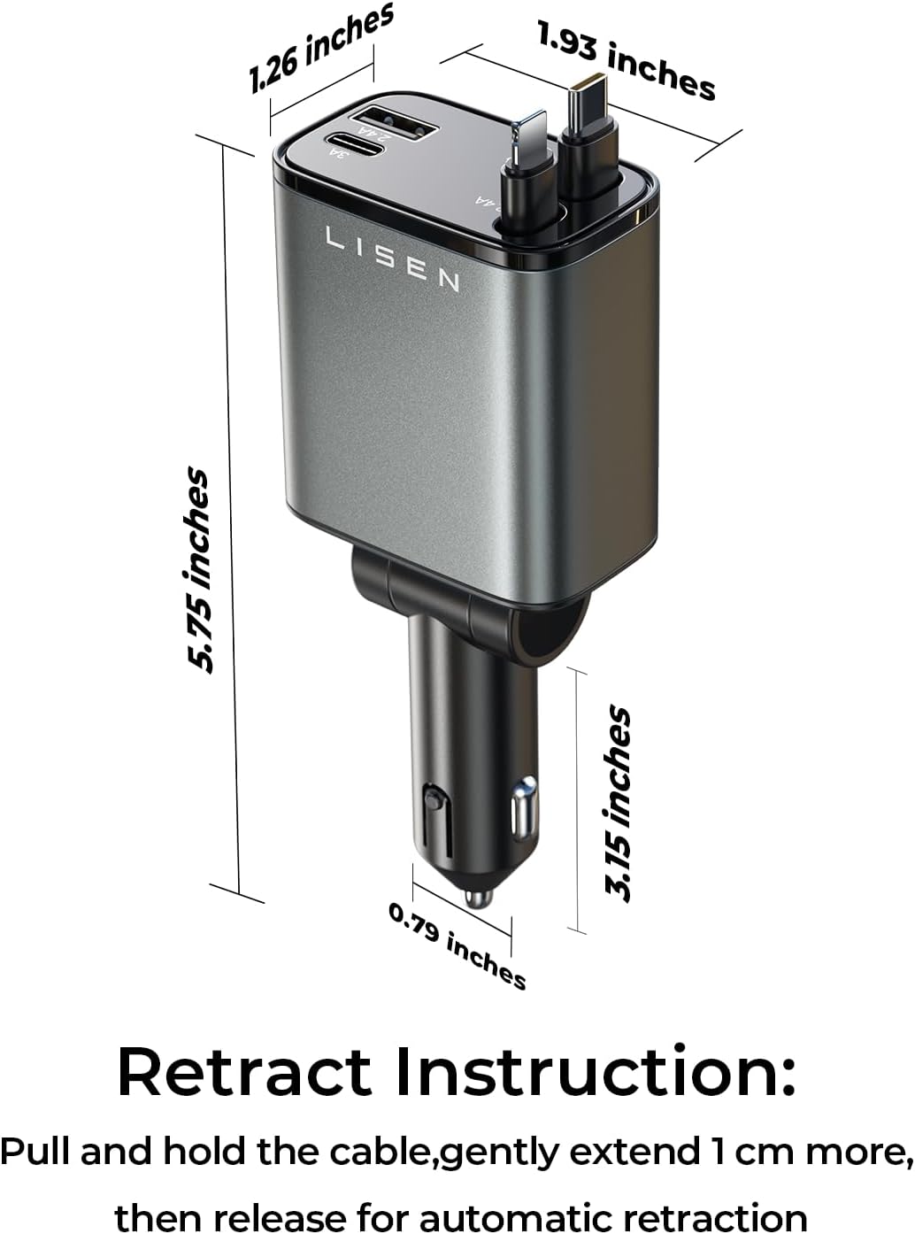 LISEN 69W 4-in-1 Retractable Car Charger with Built-in Cables - USB C Fast Charging Adapter for iPhone 17, 16, 15 & Samsung - Compact 180° Rotating Auto Accessories