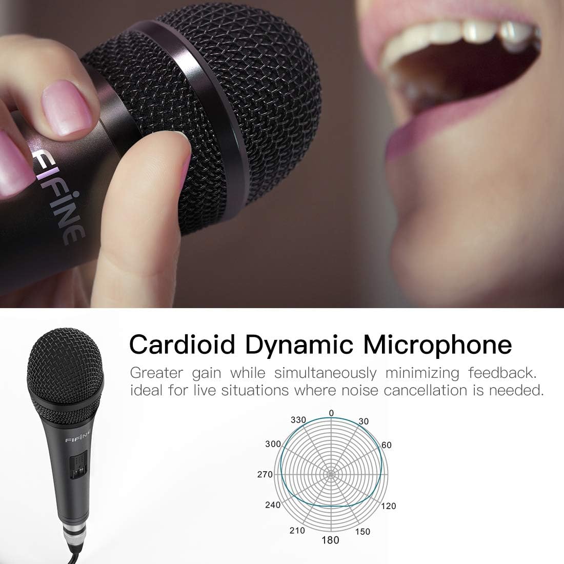 FIFINE K6 Wired Dynamic Vocal Microphone - Professional Handheld Karaoke Mic with 14.8ft Detachable Cable, 1/4'' Plug, ON/Off Switch for Singing, Speech, and DJ