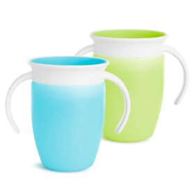 Munchkin Miracle 360° Sippy Cups with Handles - 2 Pack, 7oz Spill-Proof Trainer Cups for Toddlers 6+ Months, Blue & Green