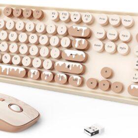 Wireless Keyboard and Mouse Combo – 2.4G Retro Typewriter Style Full-Sized Keyboard with Round Keycaps, Quiet Click Mouse, Plug & Play for Laptop, PC, Desktop – Ice Cream Design