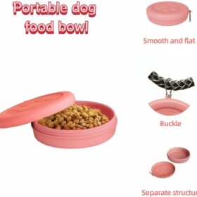 Portable Collapsible Dog Bowl - Rotating Lock Spill-Proof Travel Pet Dish with Carabiner Clip - BPA-Free Silicone Food & Water Container for Cats & Dogs - 250ml (Pink)