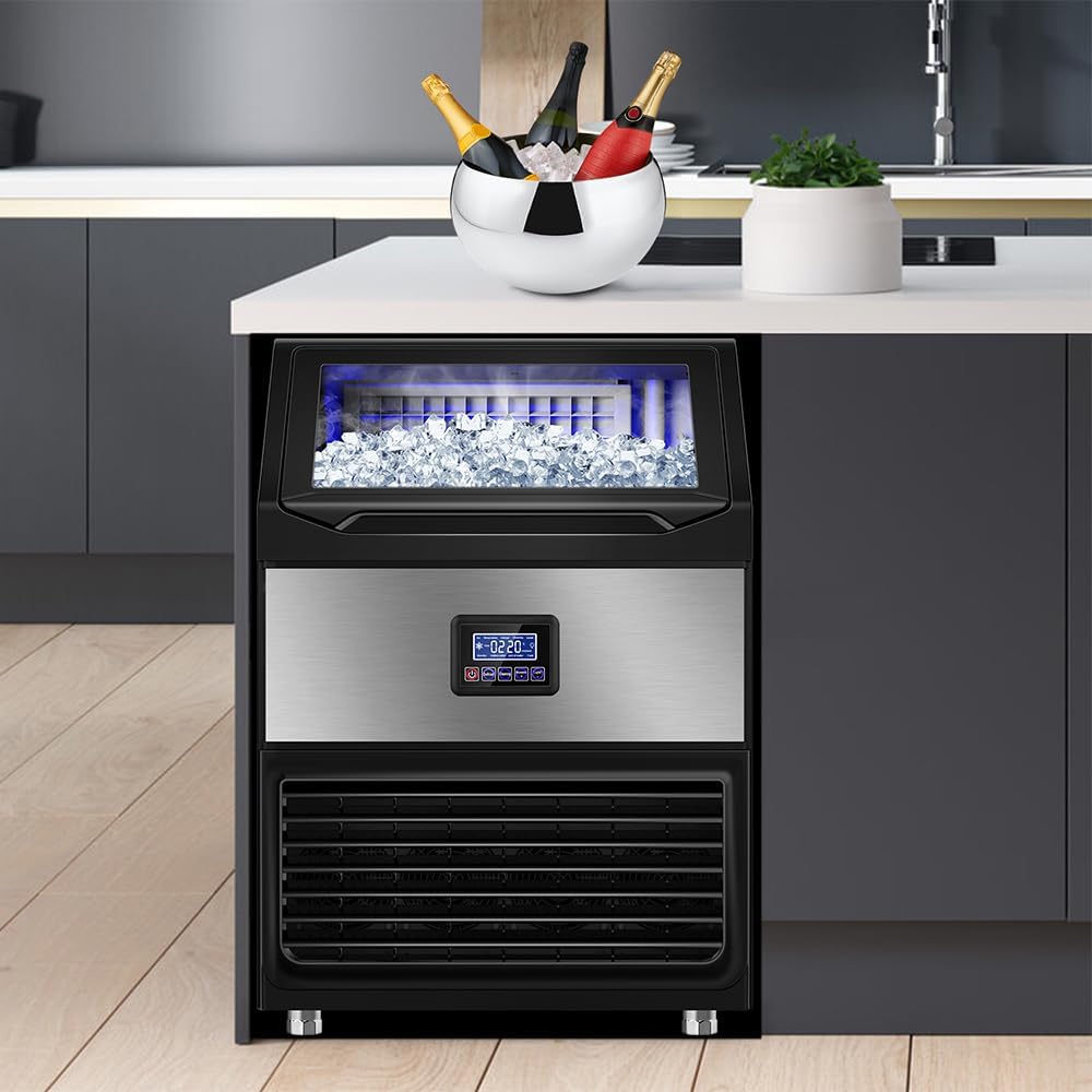 350Lb Commercial Ice Maker Machine with 75Lb Storage Bin - 108 Cubes per Cycle, Stainless Steel Countertop/Freestanding Ice Maker with Self-Cleaning, Water Filter, and Scoop for Restaurants, Bars, and Hotels