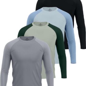 Real Essentials Men's UPF 50+ Long Sleeve Rash Guards - 4 Pack Quick Dry Swim Shirts for Fishing, Surf & Beach