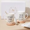 His and Hers Coffee Mug Set for Couples – 12oz Ceramic Engagement & Wedding Gift with Lids, Coasters & Spoons