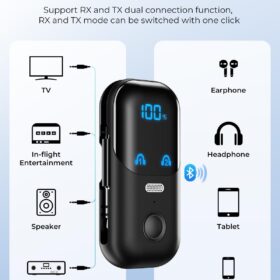 Bluetooth 5.4 Transmitter Receiver for TV and Airplanes - 2-in-1 Wireless Audio Adapter aptX Adaptive with Mic, LED Display & USB-C Charging - Low Latency Car AUX Adapter & Home Stereo 3.5mm DAC for AirPods