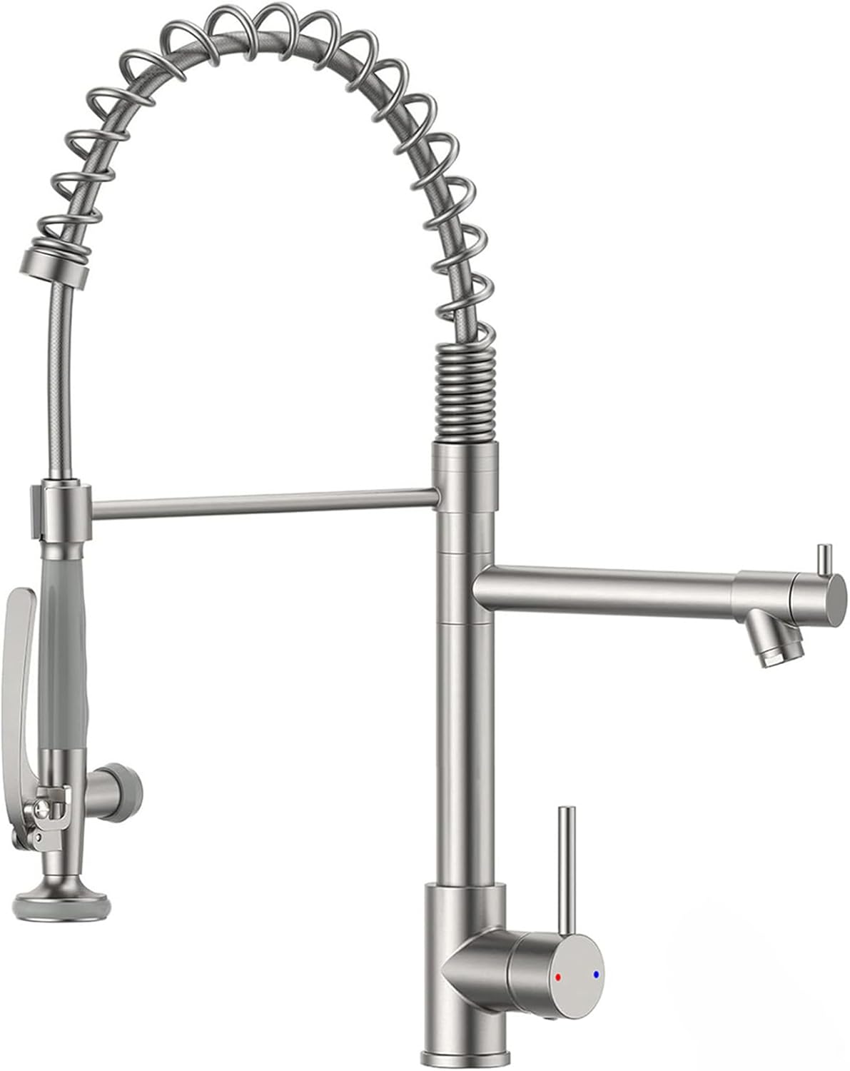 Fapully Commercial Pre-Rinse Kitchen Faucet with Pull Down Sprayer and Pot Filler Spout, Single Handle High Arc Spring Faucet for Kitchen Sink, 360° Swivel, Brushed Nickel