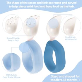 HIWOOD Baby Self-Feeding Utensils - BPA-Free Silicone Spoon & Fork Set with Ergonomic Circle Handles & Travel Case for Toddlers (Blue & Light Blue)