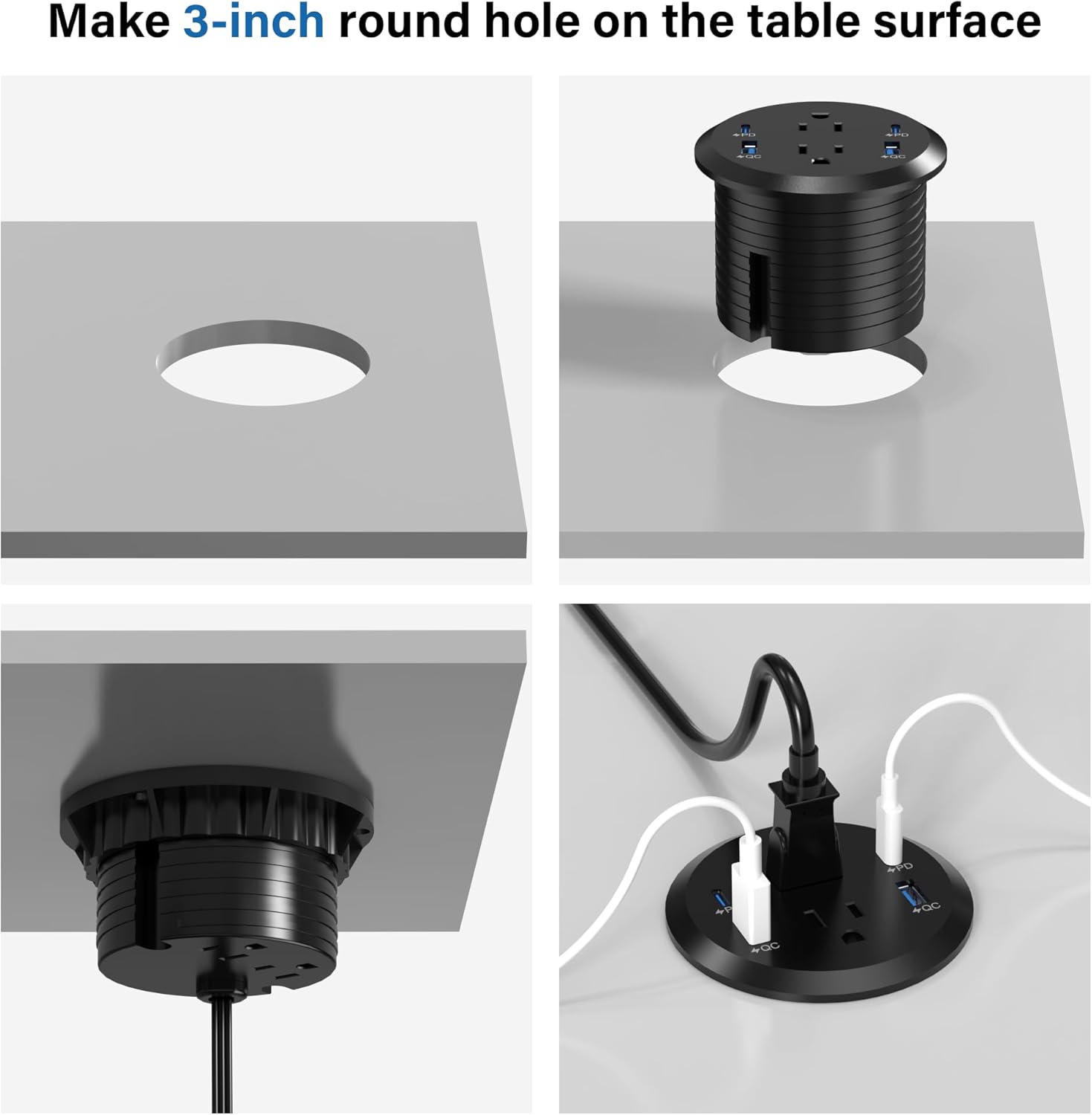 Jgstkcity Recessed Power Strip – 65W USB C Fast Charging Desktop Grommet with 4 AC Outlets & 4 USB Ports – 3-Inch Hole Mount, Surge Protected (Black, 6FT)