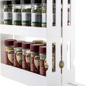 Leona Co 2-Tier Sliding Spice Rack Organizer – 360° Swivel Cabinet Caddy for Pantry & Kitchen Storage (Holds 20+ Bottles)