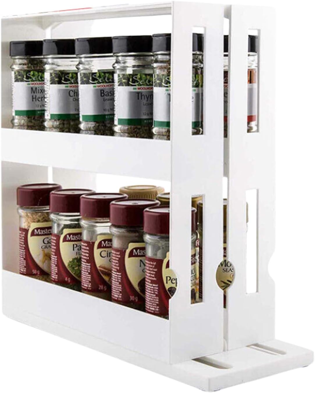 Leona Co 2-Tier Sliding Spice Rack Organizer – 360° Swivel Cabinet Caddy for Pantry & Kitchen Storage (Holds 20+ Bottles)