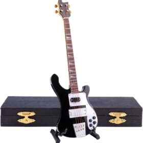 Handcrafted Wooden Miniature Electric Bass Guitar Model with Stand & Case - 1:4 Scale Replica Music Figurine for Home Decor & Musicians