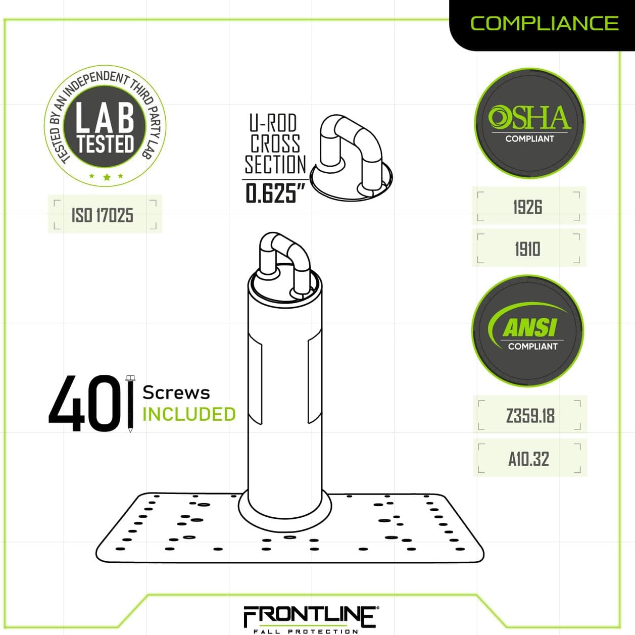 Frontline Fall Protection RO18 Commercial Roof Anchor - 18 inch OSHA & ANSI Compliant Galvanized Steel Anchor Point for Metal, Wood & Concrete Roofs