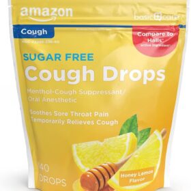 Amazon Basic Care Sugar Free Honey Lemon Cough Drops, 140 Count - Soothes Sore Throats