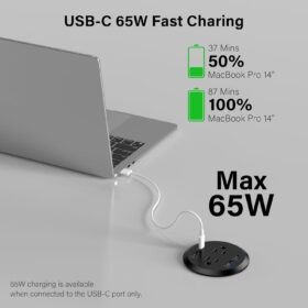 Jgstkcity Recessed Power Strip – 65W USB C Fast Charging Desktop Grommet with 4 AC Outlets & 4 USB Ports – 3-Inch Hole Mount, Surge Protected (Black, 6FT)