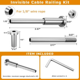 Celynd 40-Pack 1/8" T316 Stainless Steel Invisible Cable Railing Kit - Hidden Swage Stud Receiver End for 2x2 Wood & Metal Posts