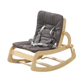 3-in-1 Convertible Baby Bouncer Rocker – Ergonomic Wooden Baby Chair with Adjustable Recline, Safety Harness & Machine-Washable Cotton Cushion – Natural Birch Design for Infants to Toddlers (Grey)
