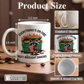 Funny 'Everything's On Fire But I Brought Snacks' Ceramic Coffee Mug – Novelty Raccoon Dumpster Fire Humor Gift for Nurses, Coworkers & Best Friends