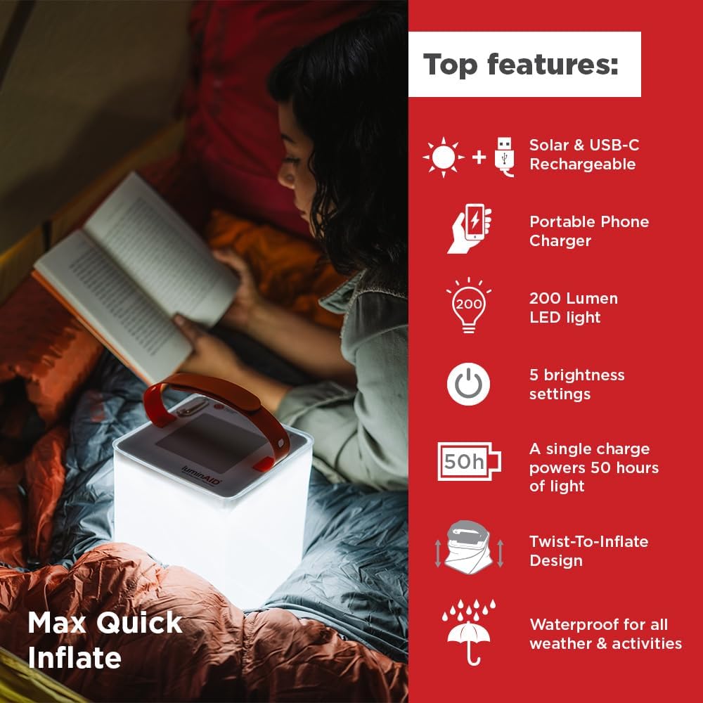 LuminAID Max 2-in-1 Solar Camping Lantern & Phone Charger – 200 Lumen Rechargeable LED Light, Waterproof Emergency Power Bank for Hiking, Hurricanes & Survival Kits