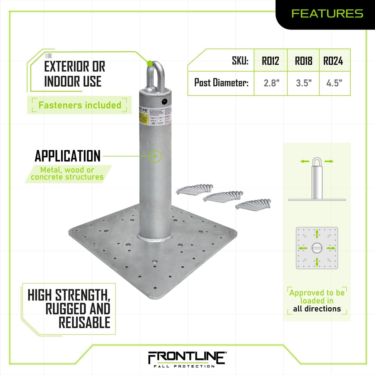 Frontline Fall Protection RO18 Commercial Roof Anchor - 18 inch OSHA & ANSI Compliant Galvanized Steel Anchor Point for Metal, Wood & Concrete Roofs
