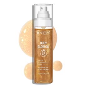 KYDA SPF 45 Sunscreen Body Oil with Gold Mica – Illuminating, Water Resistant Sun-Kissed Glow with Coconut Oil (3.38 fl oz)