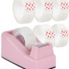 Pink Desktop Tape Dispenser with Weighted Non-Slip Base & 6 Refill Rolls - Ergonomic Office Accessory for Home & School