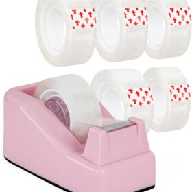 Pink Desktop Tape Dispenser with Weighted Non-Slip Base & 6 Refill Rolls - Ergonomic Office Accessory for Home & School