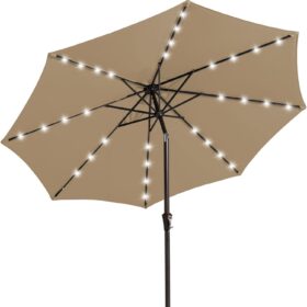 JEAREY 9-Foot Solar LED Lighted Patio Umbrella with Crank Lift and Tilt - Weather-Resistant Beige Market Umbrella for Backyard, Pool, and Deck