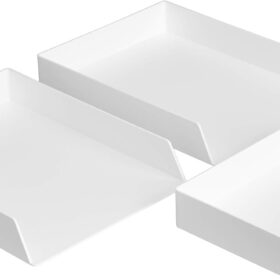 Amazon Basics 3-Piece Plastic Desk Organizer Set – White Stacking Letter Trays & Accessory Holder Bundle