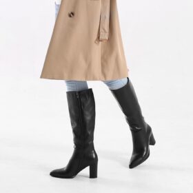 Vipost Women's Chunky Block Heel Knee High Boots – Pointed Toe Side Zipper Fall Winter Tall Booties