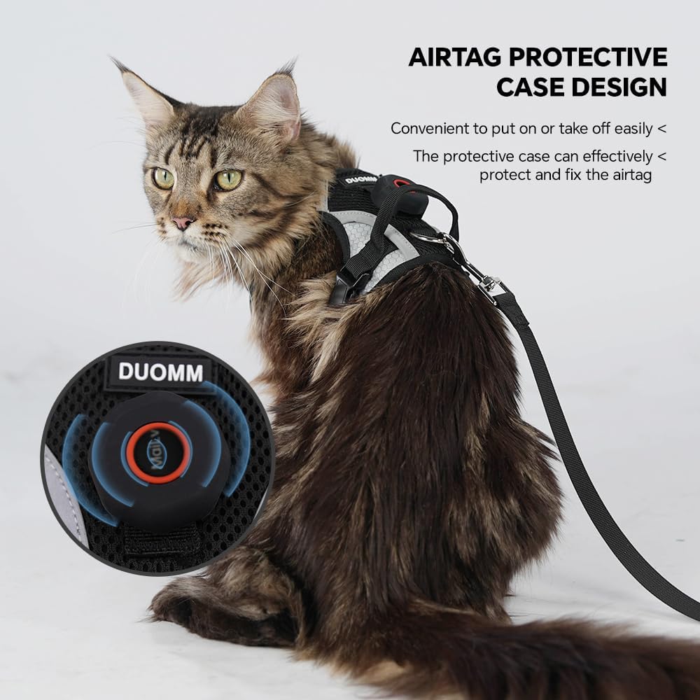 Escape-Proof Cat Harness and Leash Set with AirTag Pocket - Reflective, Adjustable Soft Mesh Vest for Large Cats and Small Dogs - 59' Lead Included (Black, Large)