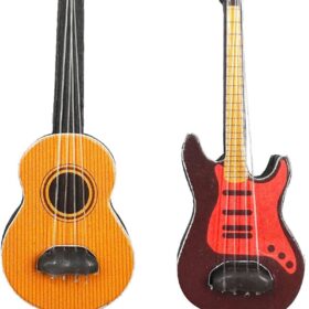 Suartus 2-Pack 1:12 Scale Miniature Wooden Guitars - Realistic Bass & Acoustic Models for Dollhouses, Fairy Gardens, Music Room Dioramas & Home Décor