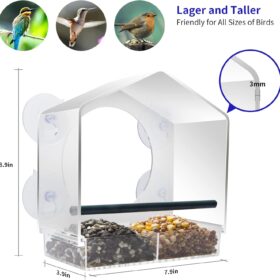 Crystal Clear Window Bird Feeder with Extra Strong Suction Cups - Premium Acrylic Bird House for Wild Birds, Cardinals, Chickadees & Bluebirds