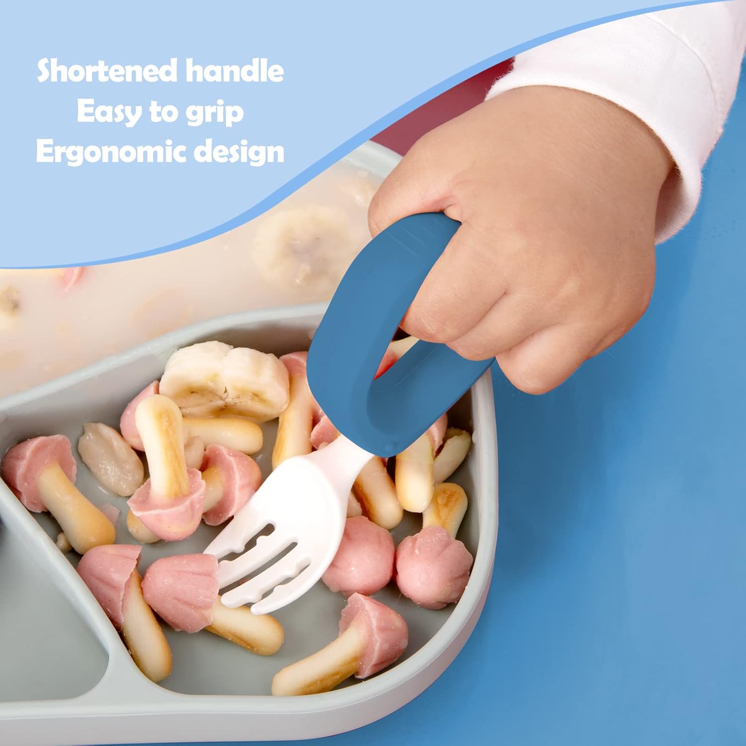 HIWOOD Baby Self-Feeding Utensils - BPA-Free Silicone Spoon & Fork Set with Ergonomic Circle Handles & Travel Case for Toddlers (Blue & Light Blue)