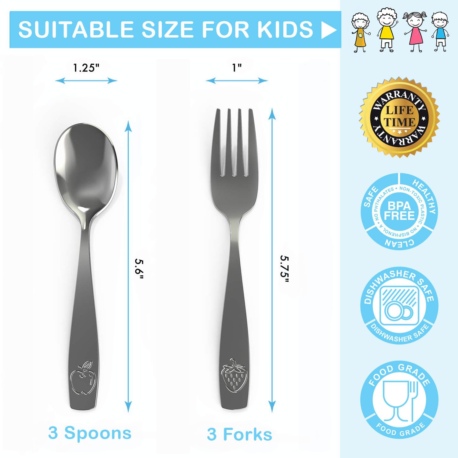CHILLOUT LIFE 6-Piece Kids Stainless Steel Silverware Set – Ergonomic Toddler Flatware with Fruit Engravings (3 Spoons & 3 Forks)