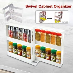 Leona Co 2-Tier Sliding Spice Rack Organizer – 360° Swivel Cabinet Caddy for Pantry & Kitchen Storage (Holds 20+ Bottles)