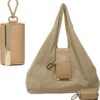 Vegan Leather Keychain Tote Bag - Foldable, Expandable Mini Handbag for Shopping, Travel & Daily Errands (Beige)