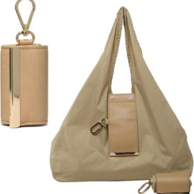 Vegan Leather Keychain Tote Bag - Foldable, Expandable Mini Handbag for Shopping, Travel & Daily Errands (Beige)