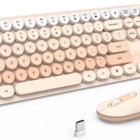 Cute Wireless Keyboard and Mouse Combo – Milk Tea Colorful Typewriter Style with Round Keycaps, Silent Click 2.4G Portable Set for Laptop & PC