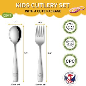 Toddler Utensils Set – 12-Piece Stainless Steel Silverware for Kids with Fun Animal Designs – Dishwasher Safe Spoons and Forks for Baby Feeding