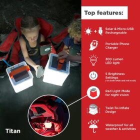LuminAID PackLite Titan 2-in-1 Solar Camping Lantern & Phone Charger – 300 Lumen Inflatable LED Light, 4000mAh Battery, IP67 Waterproof Portable Power Bank for Hiking, Emergency & Survival Kits