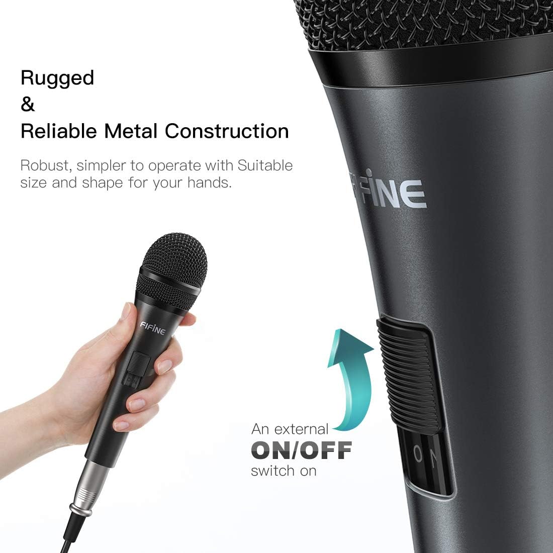 FIFINE K6 Wired Dynamic Vocal Microphone - Professional Handheld Karaoke Mic with 14.8ft Detachable Cable, 1/4'' Plug, ON/Off Switch for Singing, Speech, and DJ
