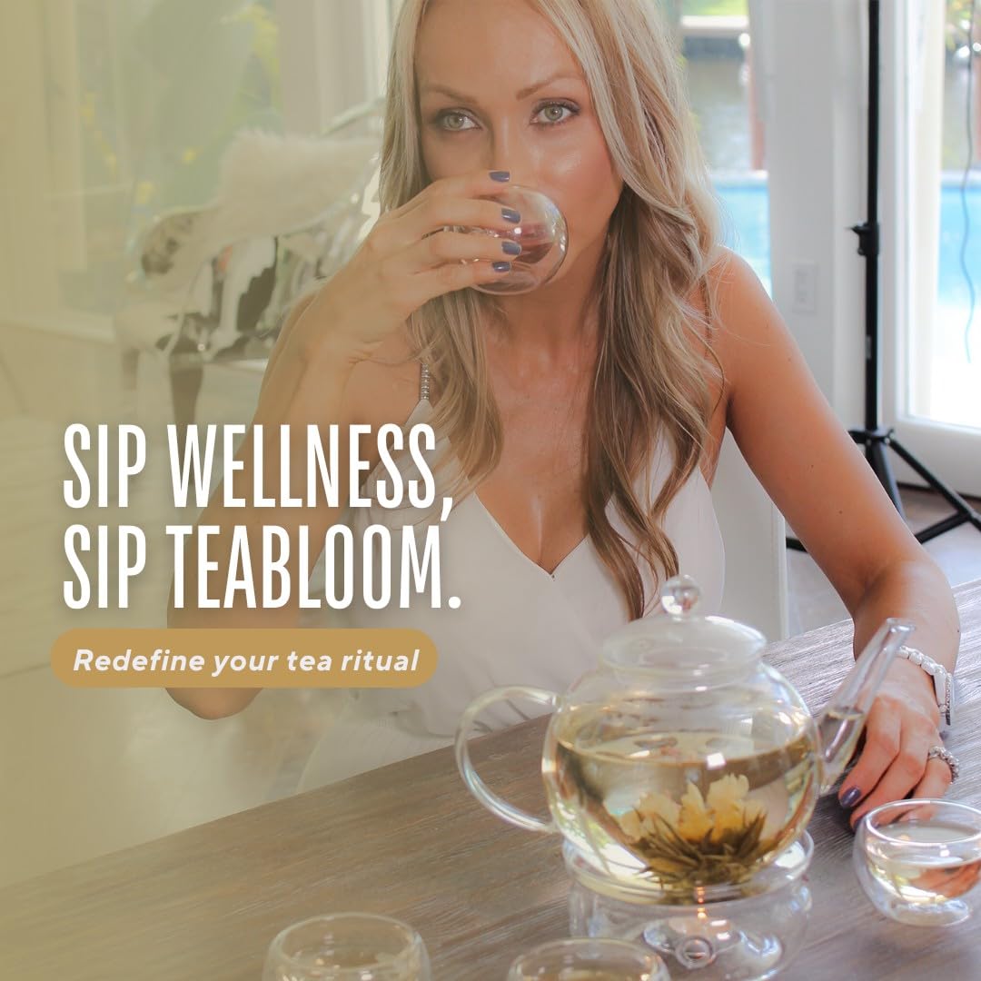 Teabloom Flowering Tea Gift Set - 12 Hand-Tied Blooming Green Tea Varieties - 36 Servings of Exquisite Jasmine & Edible Flowers - Premium Loose Leaf Tea Canister