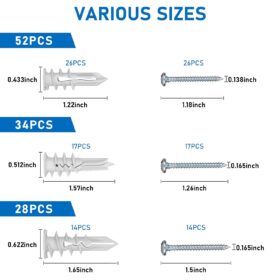 Vmuter 114Pcs Heavy Duty Self-Drilling Drywall Anchors Kit – 3 Sizes of Ribbed Plastic Wall Anchors & Screws for Hanging TVs, Shelves, and Mirrors