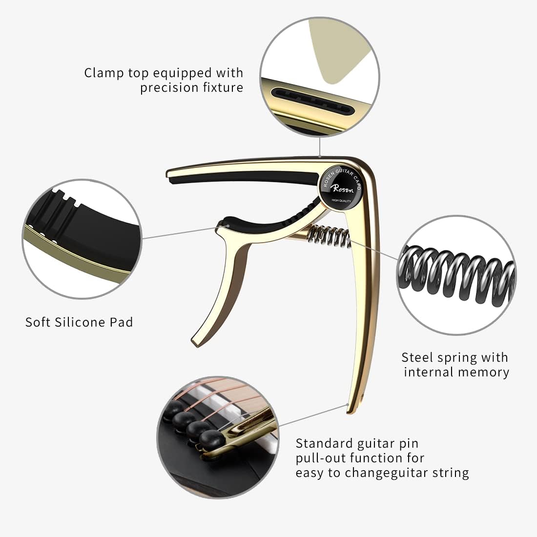 Rosen 3-in-1 Premium Zinc Alloy Guitar Capo with Picks & Bridge Pin Puller – for Acoustic, Electric, Ukulele & Banjo