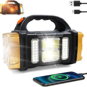 Solar Powered Flashlight with USB Power Bank – Portable LED Camping Light with 4 Modes & Emergency Charger for Outdoor Survival (Gold)