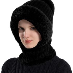 HUAMULAN Women's Winter Fleece Lined Knit Beanie & Balaclava Set - Warm Pom Pom Skull Cap with Neck Warmer for Skiing, Snowboarding & Cold Weather