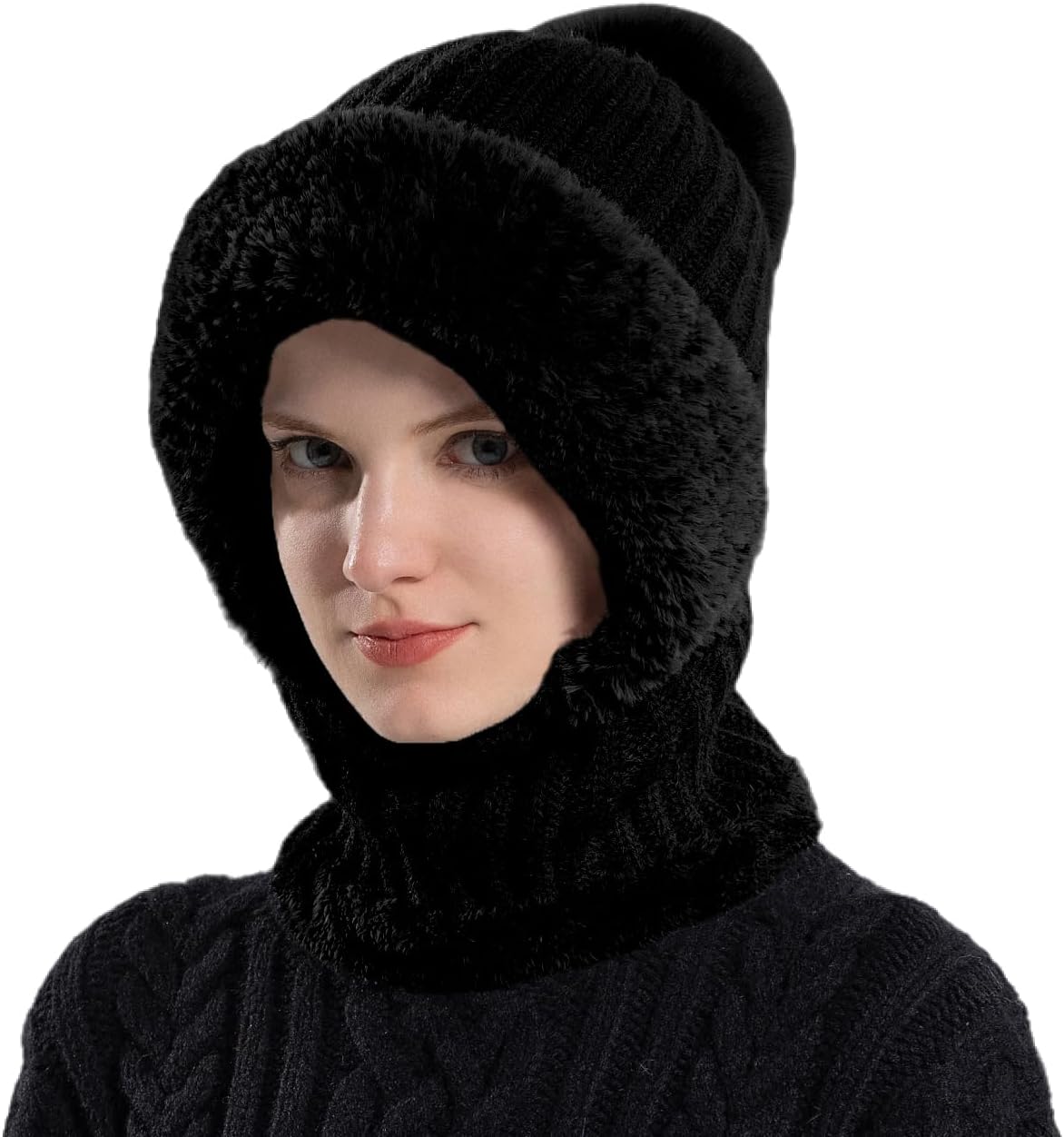 HUAMULAN Women's Winter Fleece Lined Knit Beanie & Balaclava Set - Warm Pom Pom Skull Cap with Neck Warmer for Skiing, Snowboarding & Cold Weather