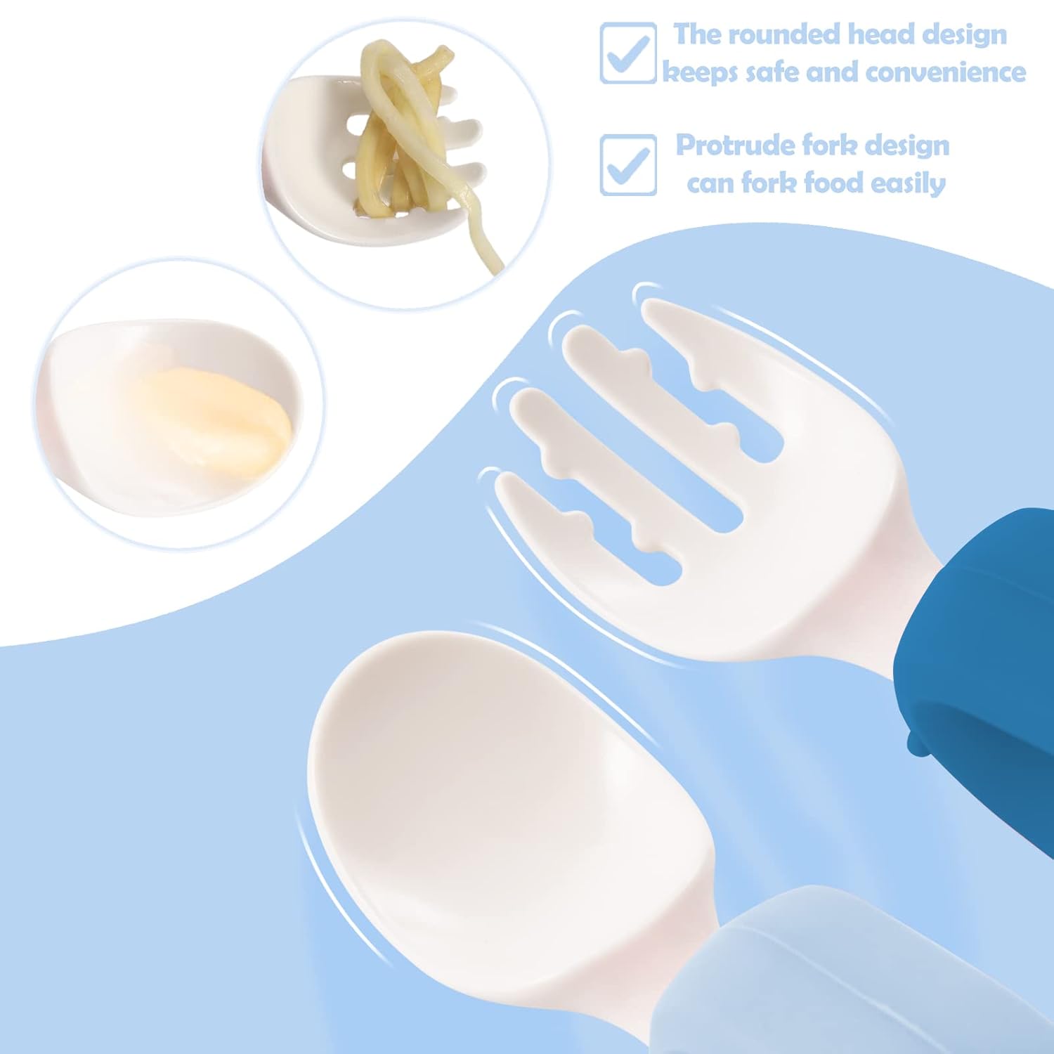 HIWOOD Baby Self-Feeding Utensils - BPA-Free Silicone Spoon & Fork Set with Ergonomic Circle Handles & Travel Case for Toddlers (Blue & Light Blue)